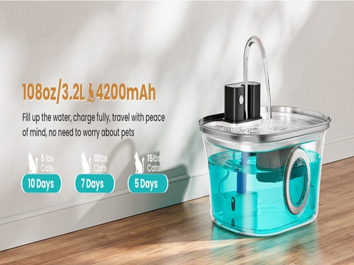 3.2L Stainless Steel Wireless Pet Fountain – 4200mAh, Ultra-Quiet <25dB, 3 Smart Modes