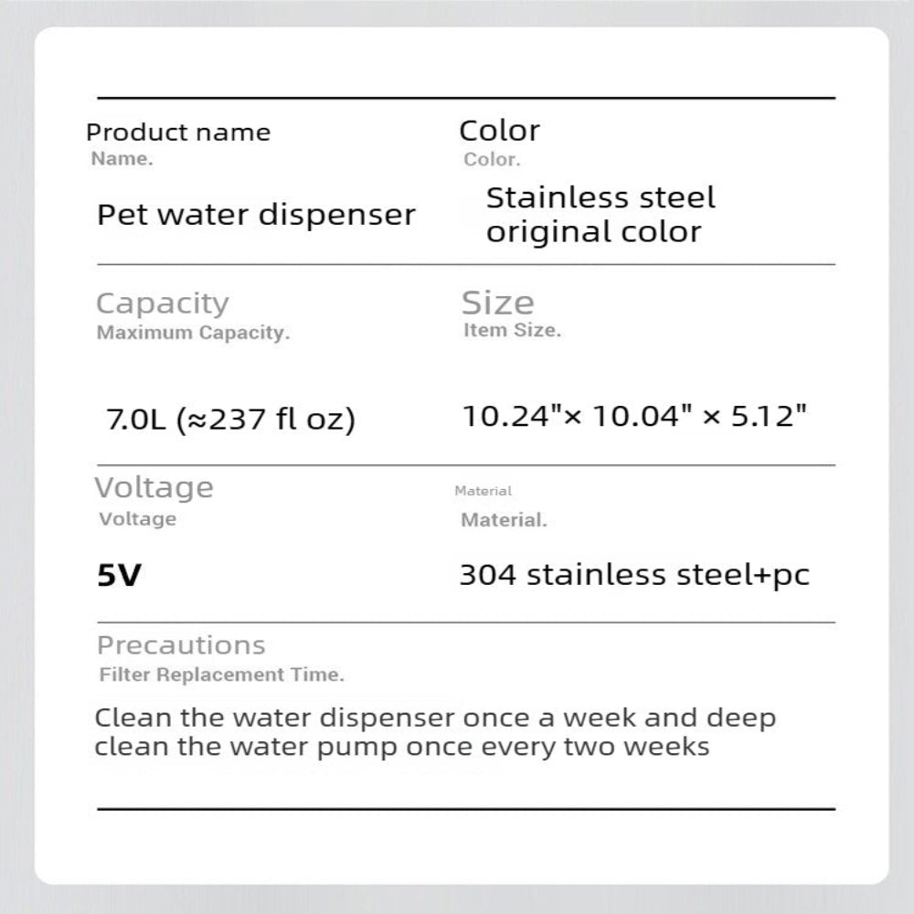 7L Stainless Steel Pet Water Fountain – 180° Infrared Sensor, 4-Stage Filtration, Ultra-Quiet