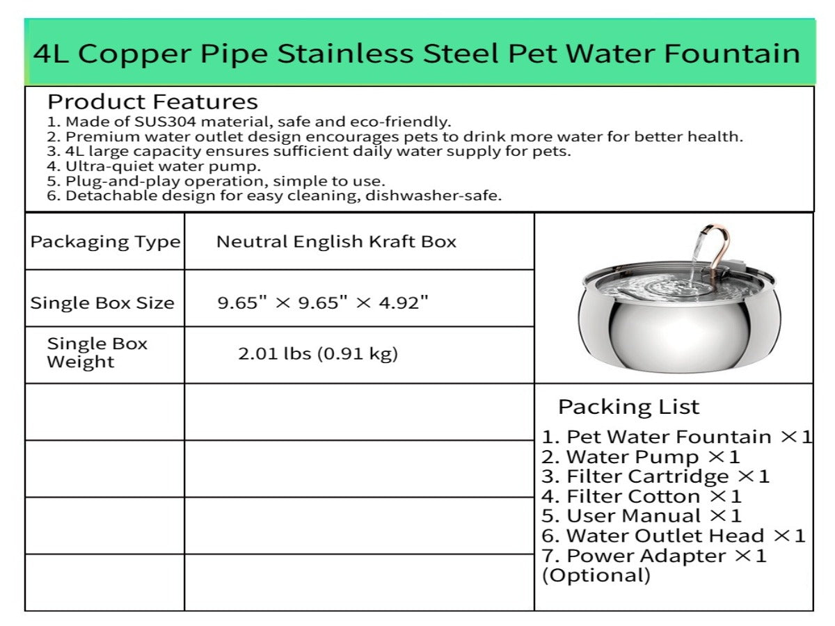 4L Copper Pipe Stainless Steel Pet Fountain – ≤20dB Ultra-Quiet, Multi-Stage Filtration
