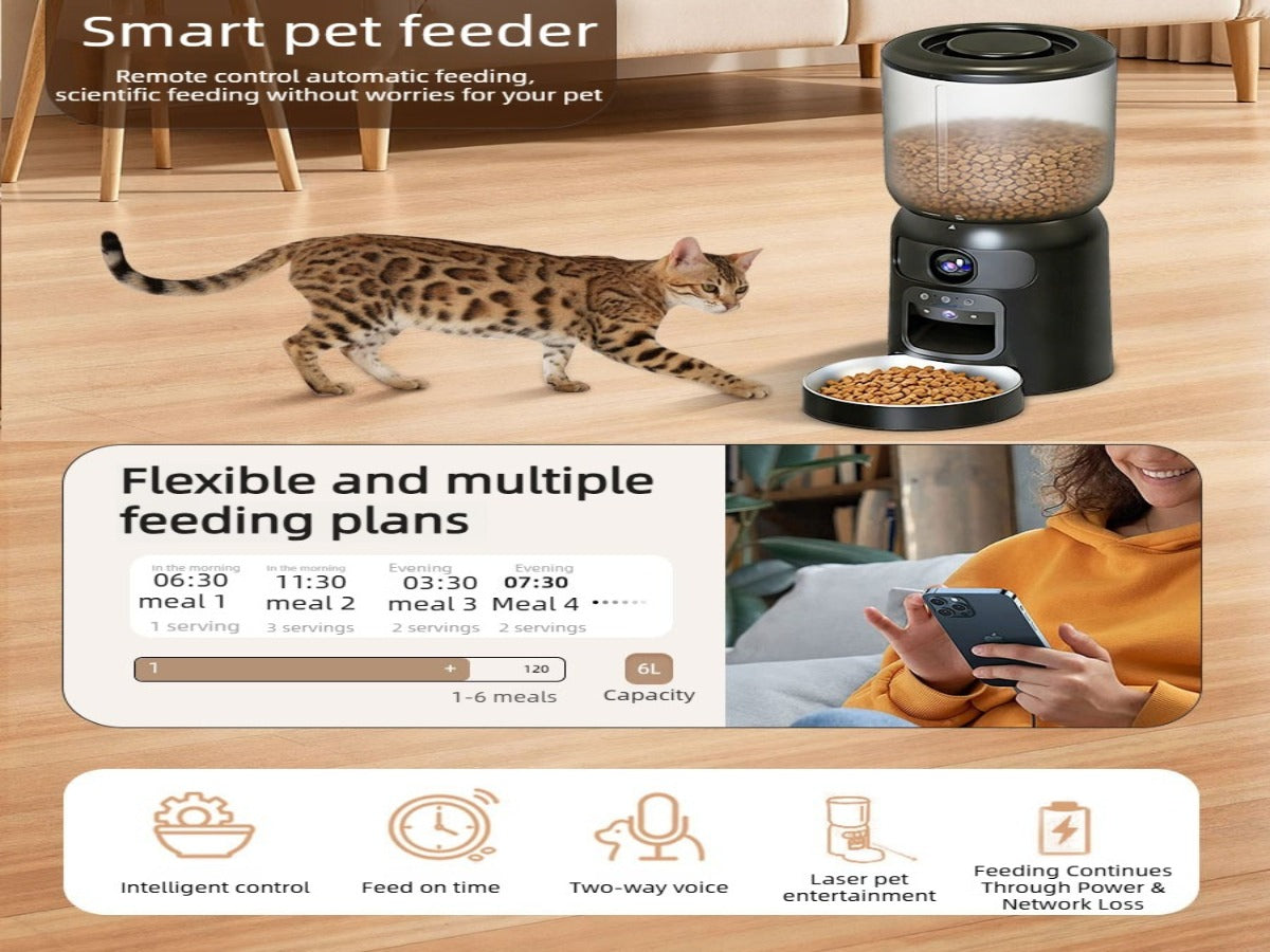 6L Automatic Pet Feeder with HD Camera & Two-Way Audio – APP Controlled, Laser Toy, Perfect for Cats & Small Dogs