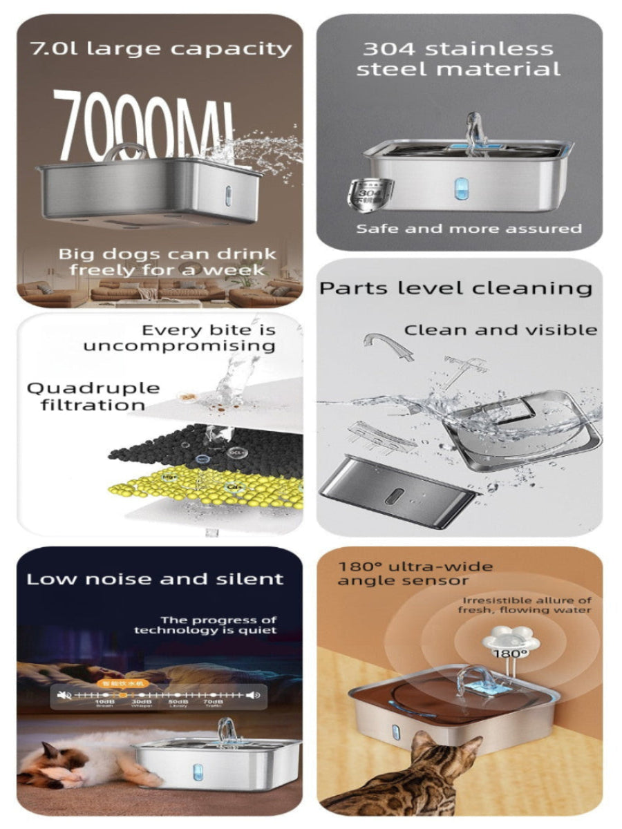 7L Stainless Steel Pet Water Fountain – 180° Infrared Sensor, 4-Stage Filtration, Ultra-Quiet