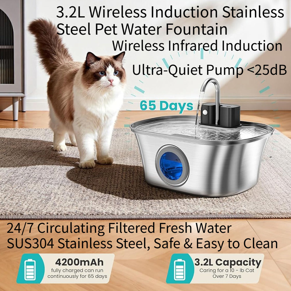 3.2L SUS304 Stainless Steel Wireless Pet Water Fountain with 4200mAh Battery – Front View