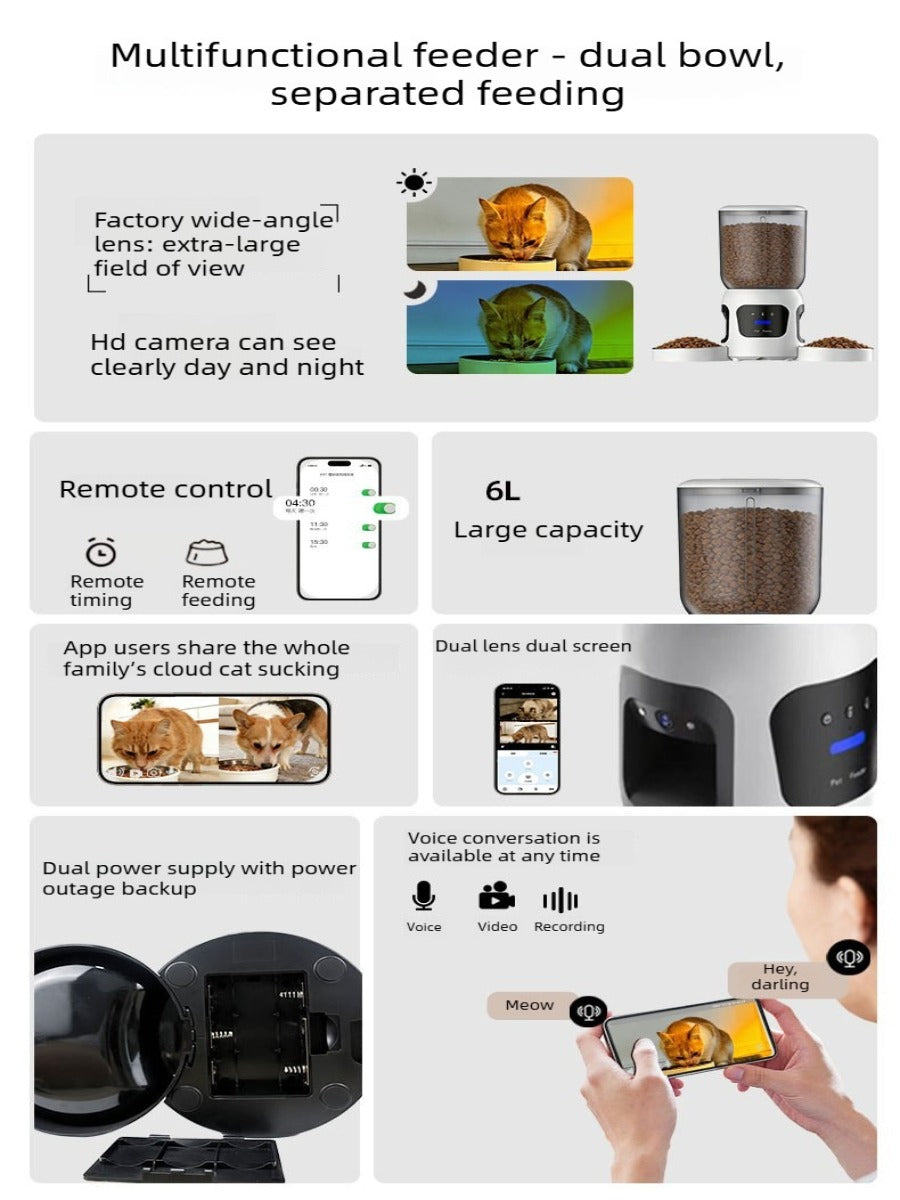 6L Dual-Bowl Smart Pet Feeder with Dual Cameras & AI Recognition – 180° View, APP Control