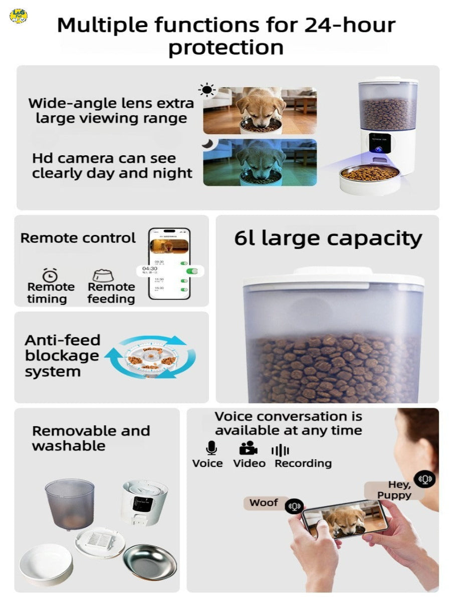 6L Smart Pet Feeder with 3.0MP HD Camera & Two-Way Audio – APP Control, 10-User Sharing, Perfect for Cats & Dogs