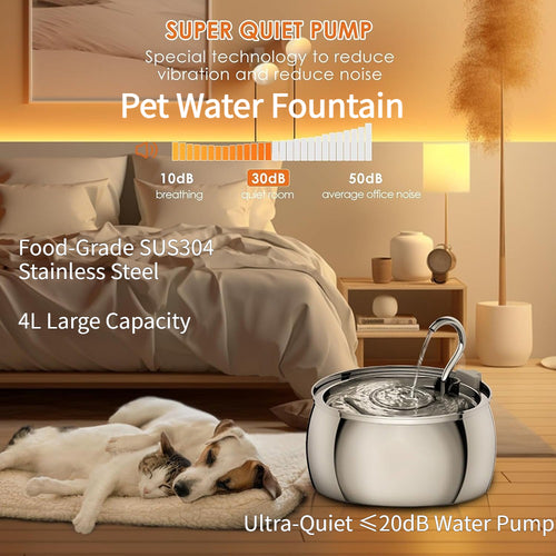 4L SUS304 Stainless Steel Pet Fountain with Elegant Copper Pipe Spout – Front View