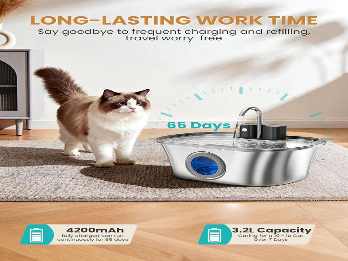3.2L Stainless Steel Wireless Pet Fountain – 4200mAh, Ultra-Quiet <25dB, 3 Smart Modes
