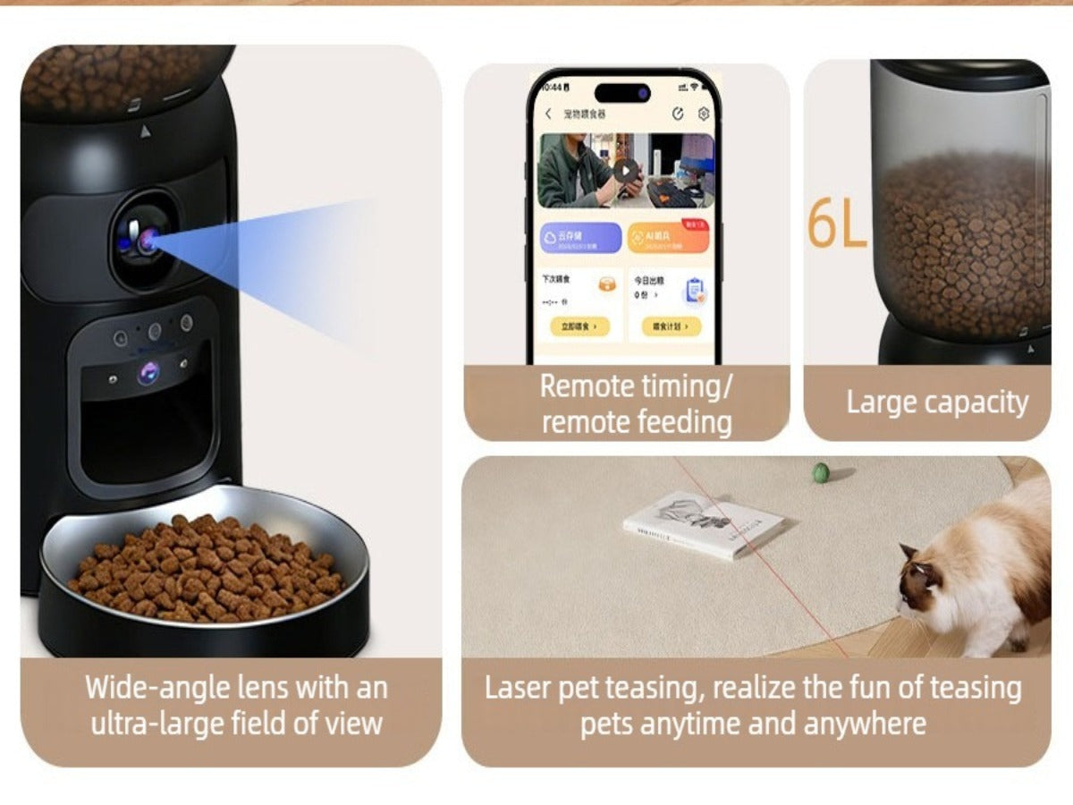 Tabby Cat Playing with Laser Beam Emitted from Smart Pet Feeder’s Built-in Toy