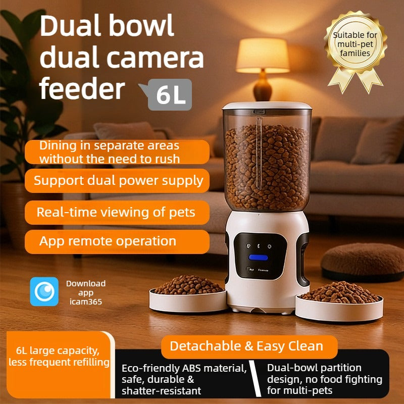 6L Dual-Bowl Automatic Pet Feeder in White with Dual Cameras – 180° Ultra-Wide View