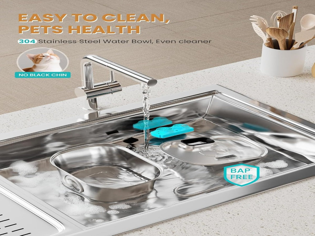 Detachable Stainless Steel Pet Fountain Parts Placed in Dishwasher for Easy Deep Cleaning